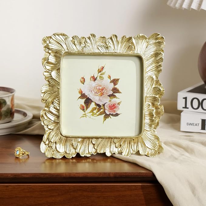 Cuspin Gold Picture Frame 5x5 Frames, Vintage Ornate Frame Palm Leaves Textured - Image 3