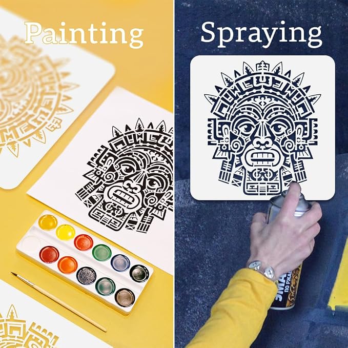Aztec Head Stencil for Painting, 11.8" x 11.8" Reusable Mayan Stencil Drawing - Image 3