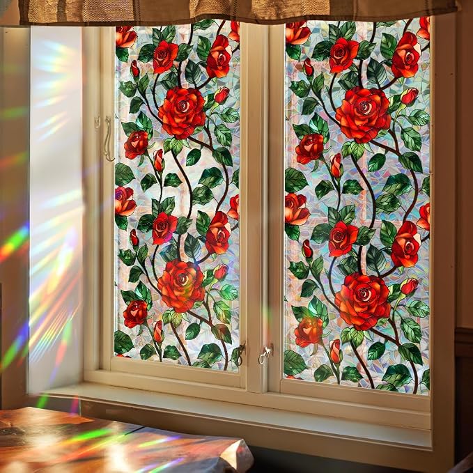 Bloss Rose Stained Glass Privacy Window Film, Decorative Floral Rainbow Window by Bloss