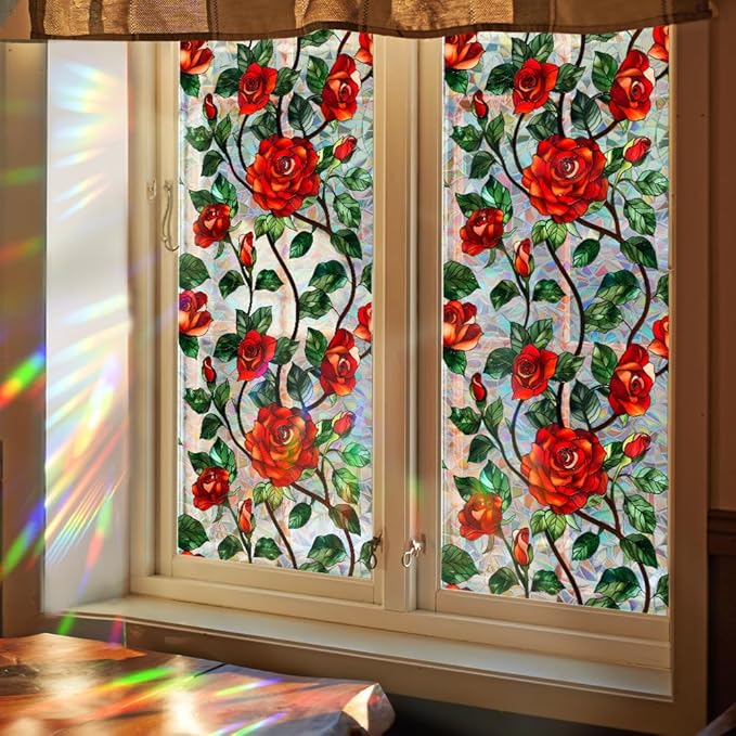 Bloss 3D Rose Stained Glass Windows Film Gothic, 17x78.7Inch Rainbow Floral by Bloss