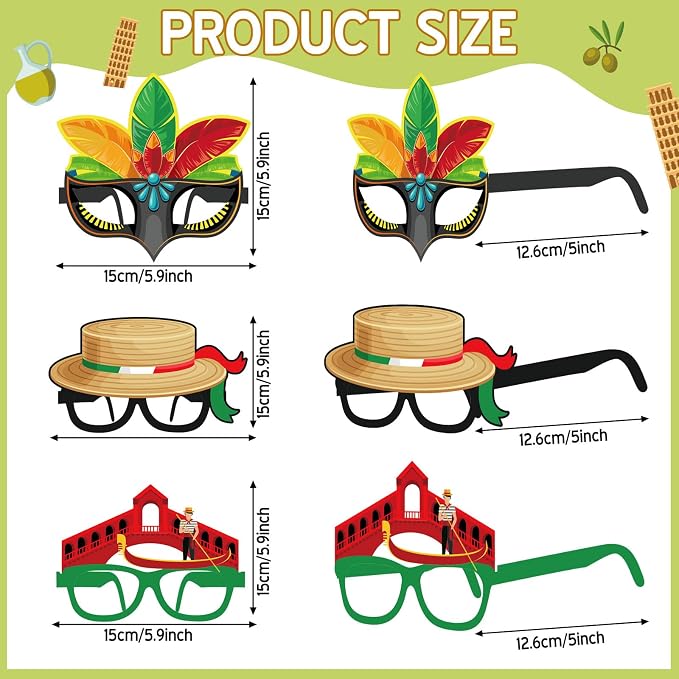 Pajean 32 Pcs Italian Party Decorations Italy Theme Eyeglasses Italian Paper - Image 2