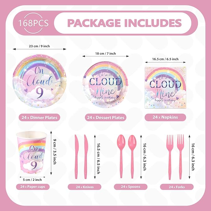 168Pcs on Cloud 9th Birthday Party Supplies Rainbow Clouds Nine Plates and - Image 4