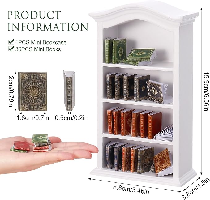 36 Pcs 1:12 Scale Miniatures Dollhouse Books and 1 White Wooden Bookcase | 4 - Image 2