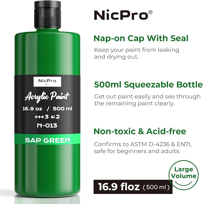 Nicpro Sap Green Large Acrylic Paint, Rich Pigments, Non Toxic Craft Paint - Image 2