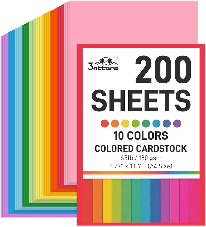3 otters 200Sheets Construction Paper, Cardstock 8.27" x 11.7", 10 Assorted by 3otters