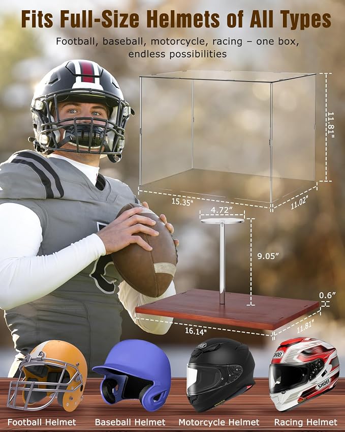 Fitense Full Size Helmet Display Case High Clear Acrylic Wooden Base | - Image 2