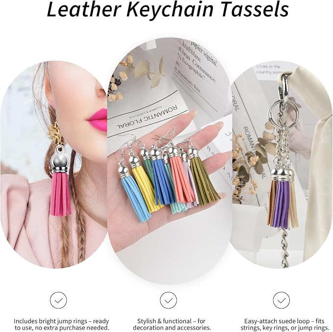 120 Pack Leather Keychain Tassels Charms Silver White Cap Multicolor Tassels - Image 4