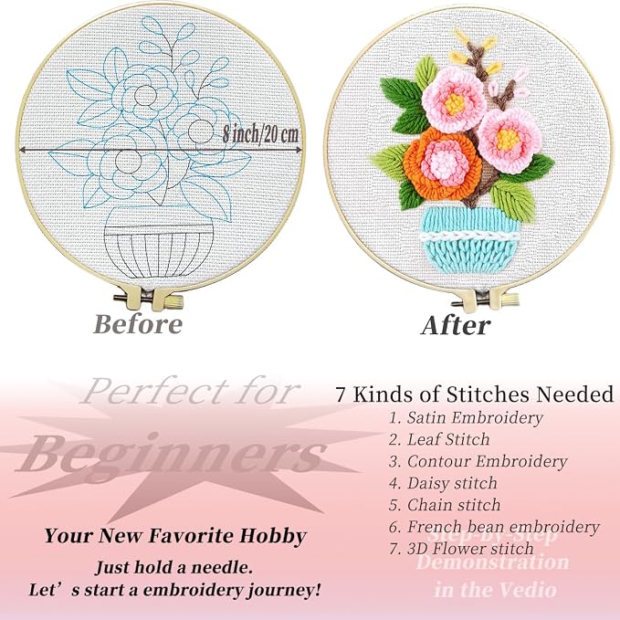 FONNUY Embroidery Kit for Beginners，3D Plants Flowers Pre-Stamped Pattern Kits - Image 4