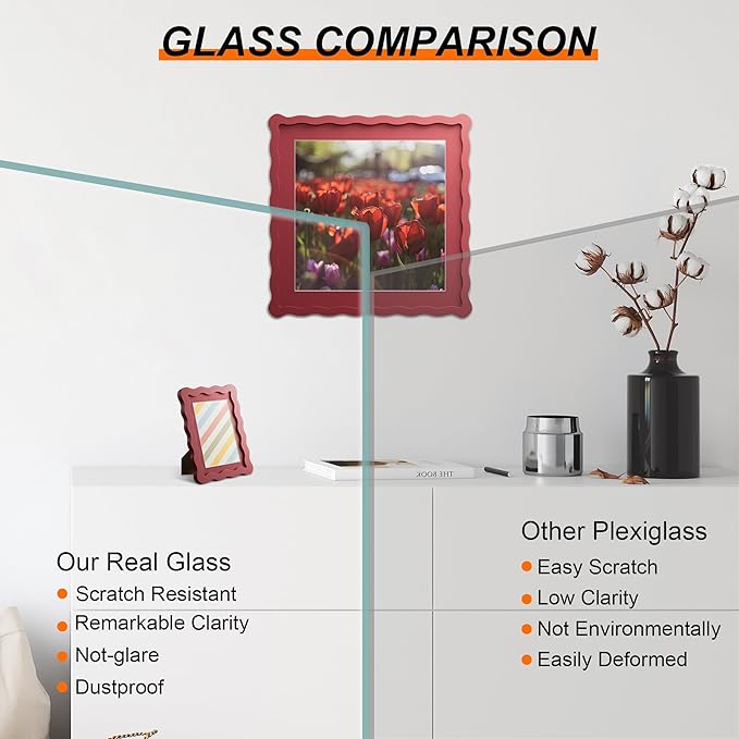 8x8 Picture Frame with Mat for 6x6, Wavy Edge Wooden Real Glass Photo Frame for - Image 2