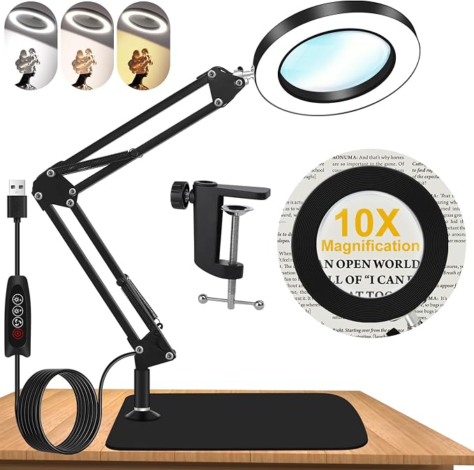 10X Magnifying Glass with Light and Stand, Dimmer Adjustable Swing Arm 2-in-1 by Unknown