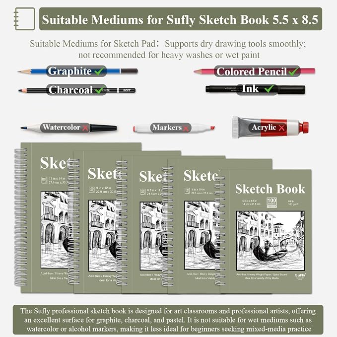 SuFly Small Sketchbook, Sketch Book 5.5 X 8.5, 100 Sheets Artist Sketch Pad - Image 5