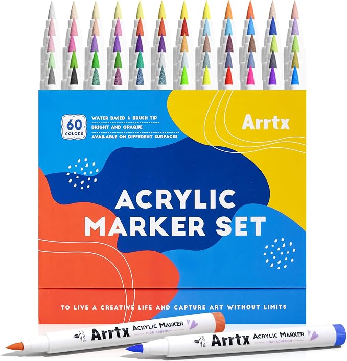 Arrtx Acrylic Paint Pens 60A, Brush Tip Acrylic Markers Set by Arrtx