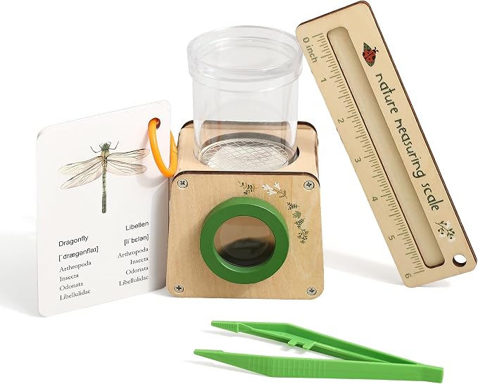 Wooden Bug Catcher for Kids, Tri-View Bug Viewer Kit, Top & Bottom Magnifiers by Macabaka