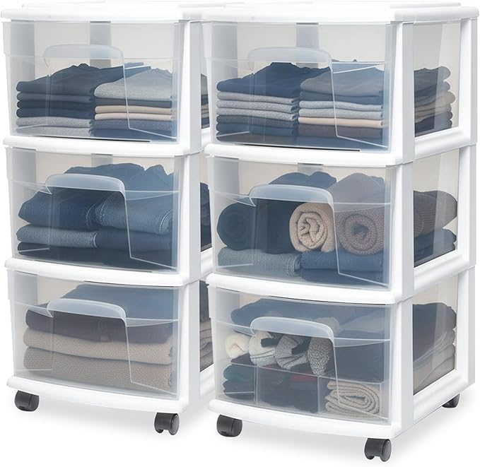 HOMZ 2-Pack Drawer Tower, 3-Tier Clear Plastic Storage Organizer Cart, and by Homz