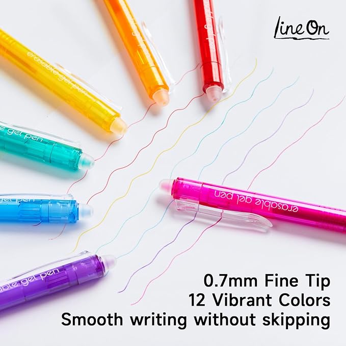 Lineon Erasable Gel Pens, 12 Colors Retractable Fine Point Erasable Pens Clicker - Image 5