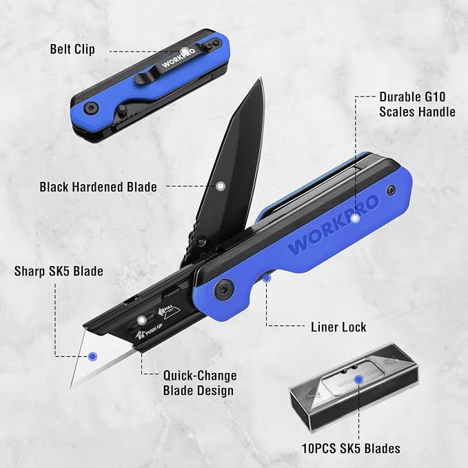 WORKPRO 2-in-1 Folding Knife/Utility Knife, Quick-Change Box Cutter - Image 3