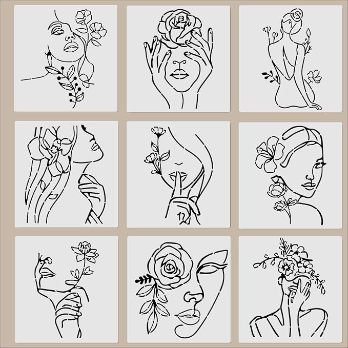 ORIGACH 9PCS 11.8x11.8inch Modern Minimalist Abstract Women Stencil, Floral by ORIGACH