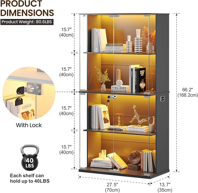 Lvifur Display Cabinet with Glass Doors, 4-Tier Bookcase with 3 Color Lights - Image 2