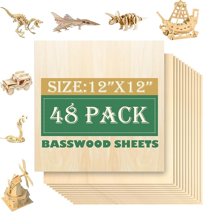 48 Pack 12"x12"Basswood Sheets 1/8", 3mm Basswood by QSJQllo