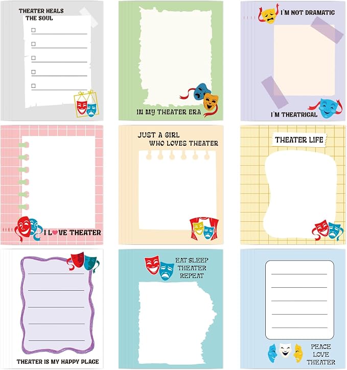 Drama Sticky Notes Gifts, 9 Pack Theater Notepads 3x4 Inches, Musical Clown by Lovarywow