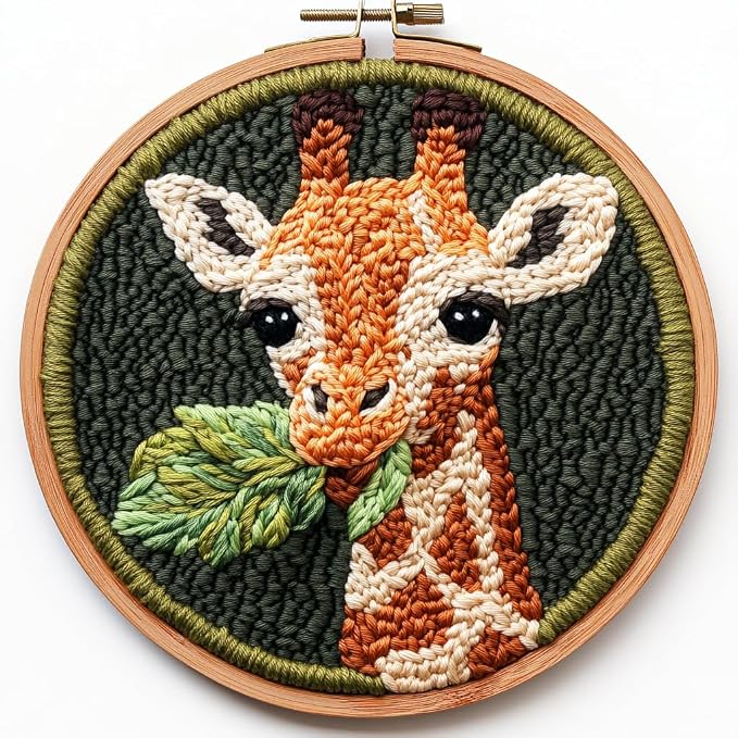 Punch Needle Kits for Beginners Cute Baby Giraffe Chewing Leaf 20x20cm | Easy by Unknown