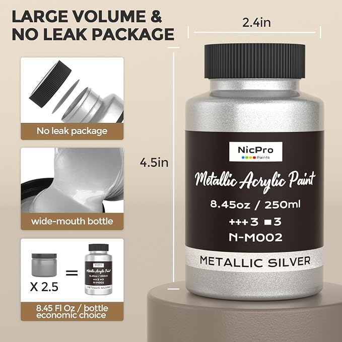 Nicpro Metallic Silver Acrylic Paint, 8.45oz/250ml Silver Leaf Paint | Non Toxic - Image 7
