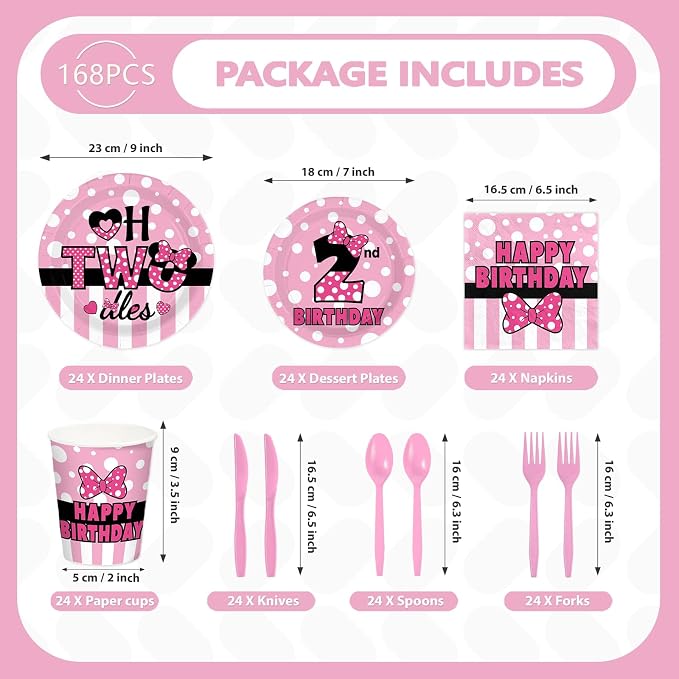 168Pcs Pink Mouse 2nd Birthday Decorations - Image 2