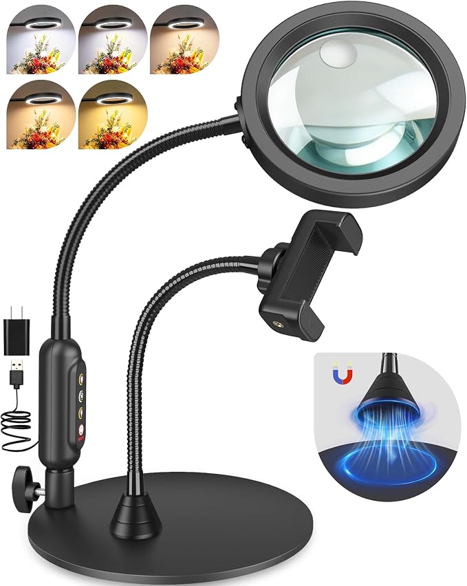 30X 10X Magnifying Glass with Light and Phone Holder, 5 Color Modes Stepless by ProfessionalDetailLighting