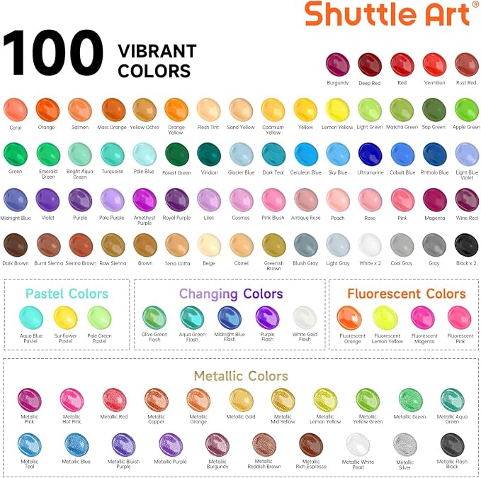 Shuttle Art 100 Colors Acrylic Paint, 2oz/60ml Bottles, Include 2 Sets of 12 - Image 3