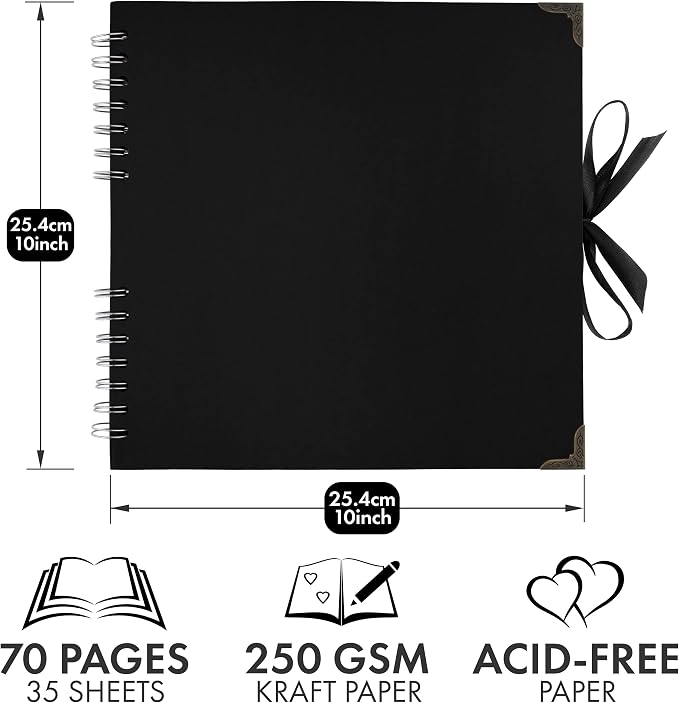 Bstorify 10 x 10 Inches Scrapbook Album 70 Pages Black Thick Kraft Paper Corner - Image 2