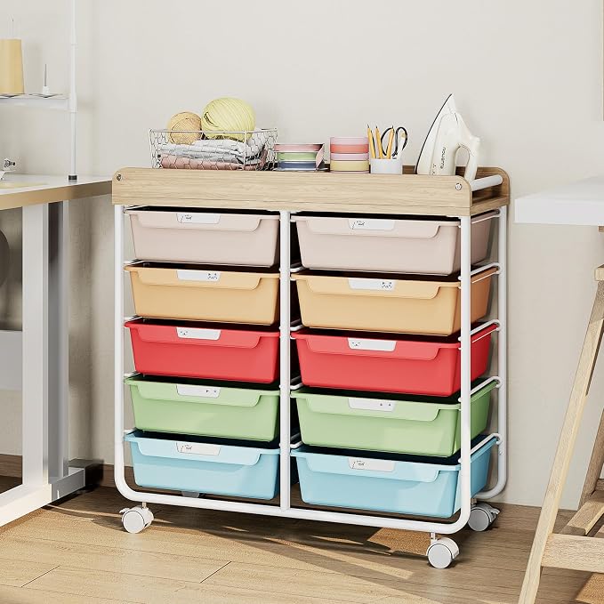 10 Drawers Rolling Cart with Wooden Tabletop, Utility Storage Cart with Wheels - Image 8