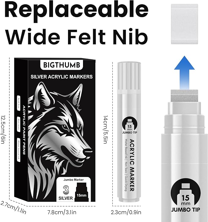 BIGTHUMB 3 Pcs Silver Jumbo Permanent Markers: 15mm Wide Tip Thick Acrylic - Image 5