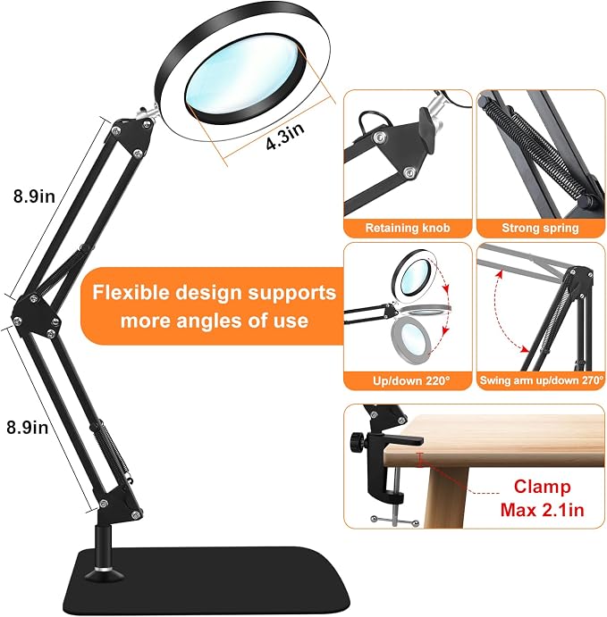 10X Magnifying Glass with Light and Stand, Dimmer Adjustable Swing Arm 2-in-1 - Image 6