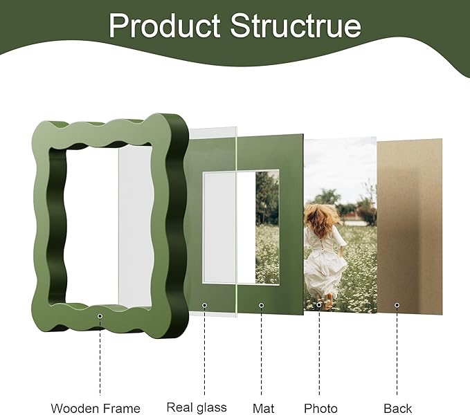 4x4 Picture Frame with Mat for 3x3, Wavy Edge Wooden Real Glass Photo Frame for - Image 5