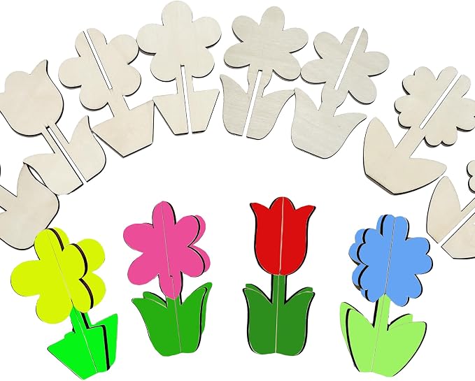 40PCS 3D Unfinished Blank Flower Wooden Cutouts Craft by Jsehchya