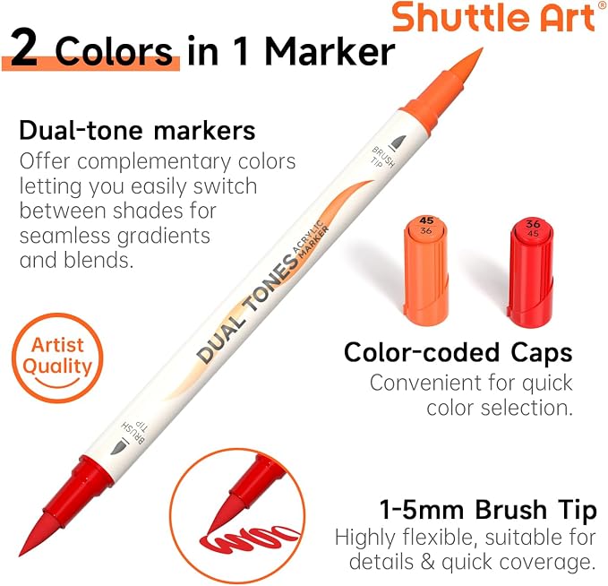 Shuttle Art 120 Colors Dual Tone Acrylic Paint Markers, 60 Pack Acrylic Paint - Image 5