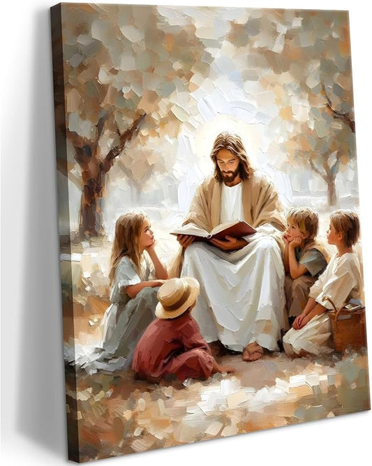 Jesus With Children Canvas Wall Art, 16x24in | Jesus Teaching Children Picture by wallart