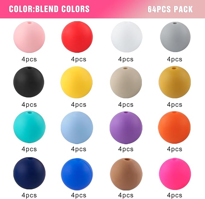 64Pcs 19mm Silicone Beads for Keychain Making and Bracelet Making, 16 Colors - Image 2