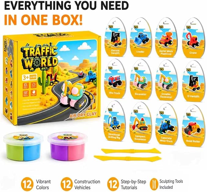 Air Dry Clay Kit for Kids – 12 Pack Construction Vehicles Modeling Clay Set | - Image 6