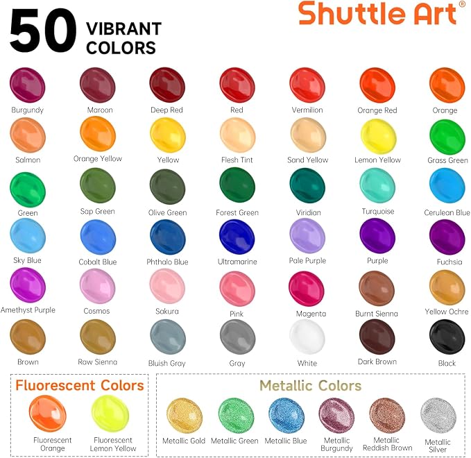 Shuttle Art Acrylic Paint, 50 Colors Acrylic Paint Set, 2oz/60ml Bottles - Image 3