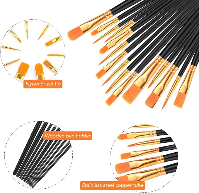 AROIC Acrylic Paint Brush Set, 2 Packs / 20 pcs Nylon Hair Brushes - Image 3