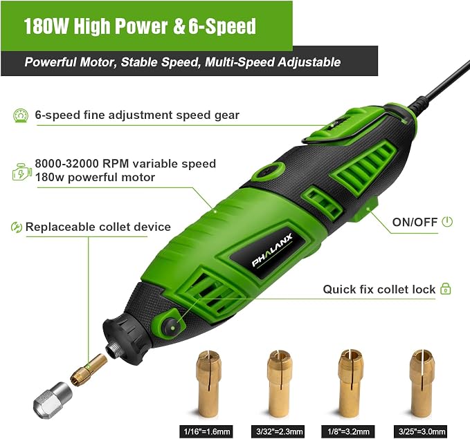 180W Rotary Tool Kit, 1.5-Amp PHALANX 6 Variable Speed - Image 3