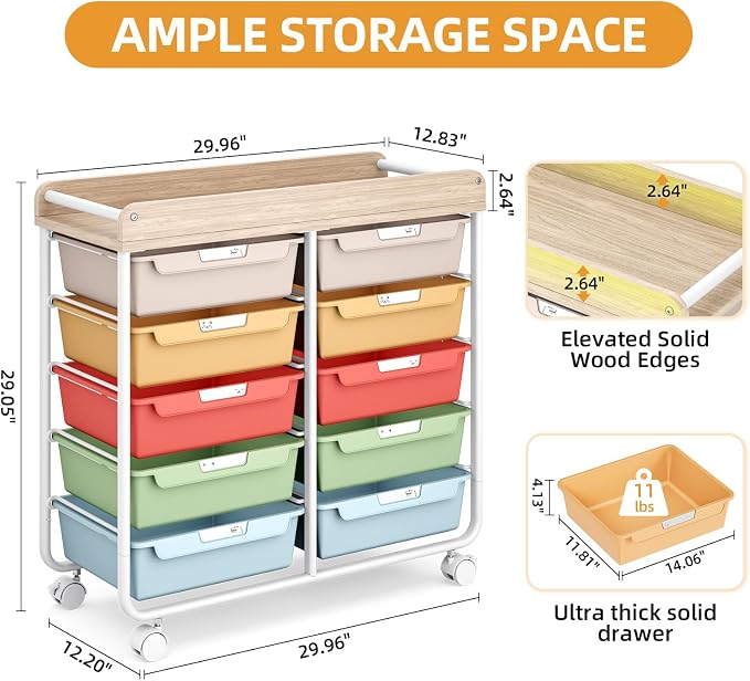 10 Drawers Rolling Cart with Wooden Tabletop, Utility Storage Cart with Wheels - Image 3