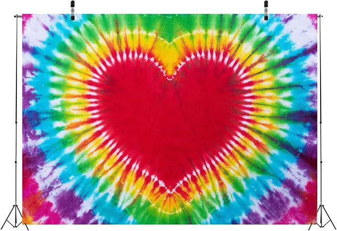 BELECO Tie Dye Party Backdrop Fabric 8x6ft Watercolor Rainbow Heart Shape Love - Image 4