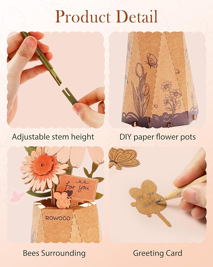 3D Flower Wooden Puzzles for Adults-Gerbera Daisy, DIY Wooden Flowers Model Kit - Image 4
