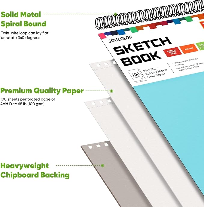Soucolor Sketch Book 9x12, Thick Drawing Paper Pad School Art Supplies | 100 - Image 3