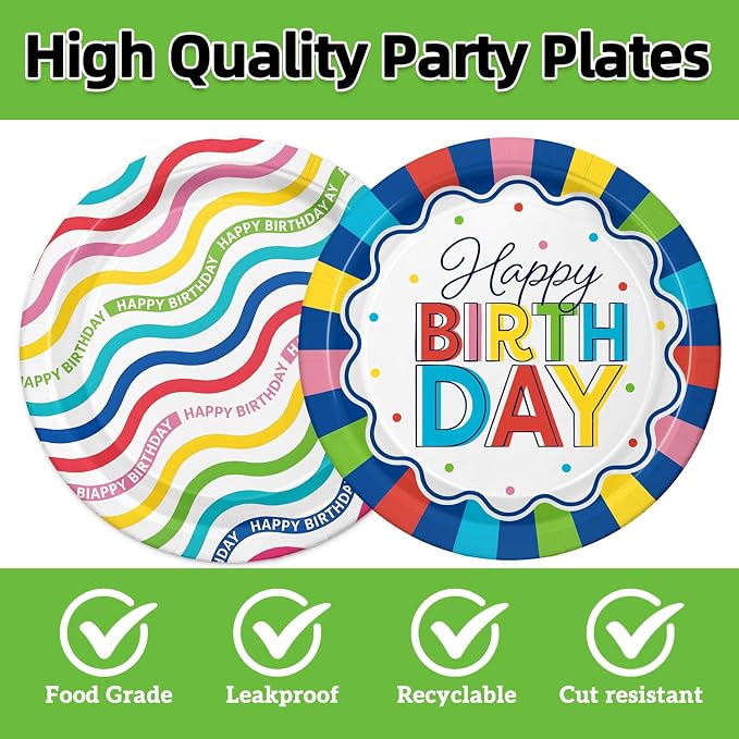 Colorful Happy Birthday Party Supplies, Vibrant Stripe Disposable Tableware - Image 3