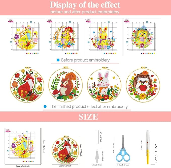 Zhenqing 4 Pack Woodland Animal Stamped Cross Stitch Kit, 11CT Printed Fox - Image 5