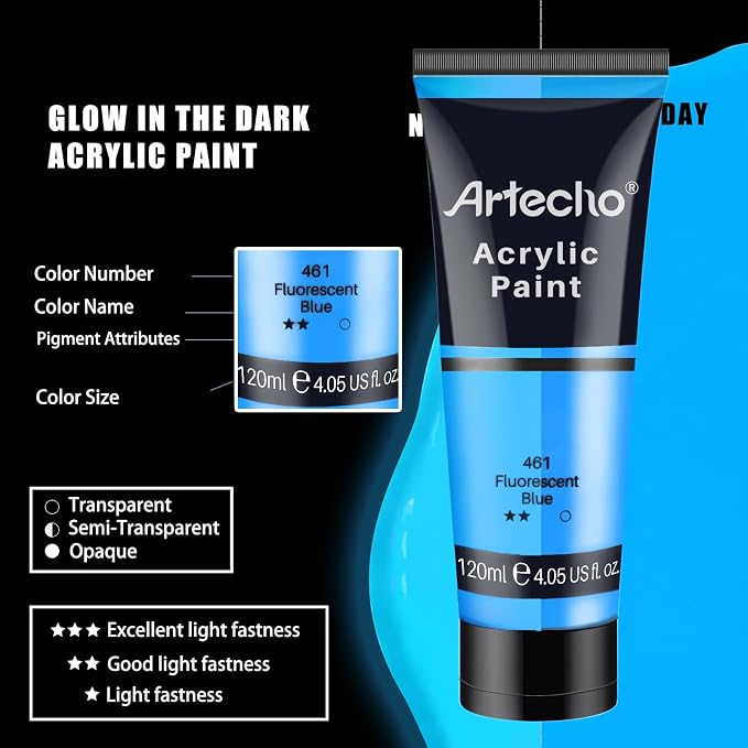 Artecho Neutral Glow in the Dark Acrylic Paint Set, 120ml / 4.05oz | Non-Toxic - Image 4