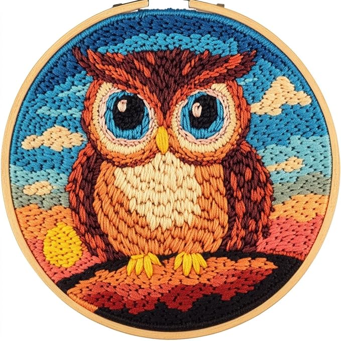 DIY Punch Needle Kits Owl with Sunset with Hoop 20x20cm-1 | with Pattern by Unknown